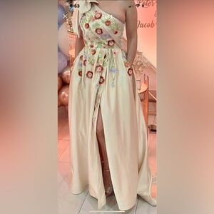 Trendy floral satin ggolden dress with optional bow on shoulder